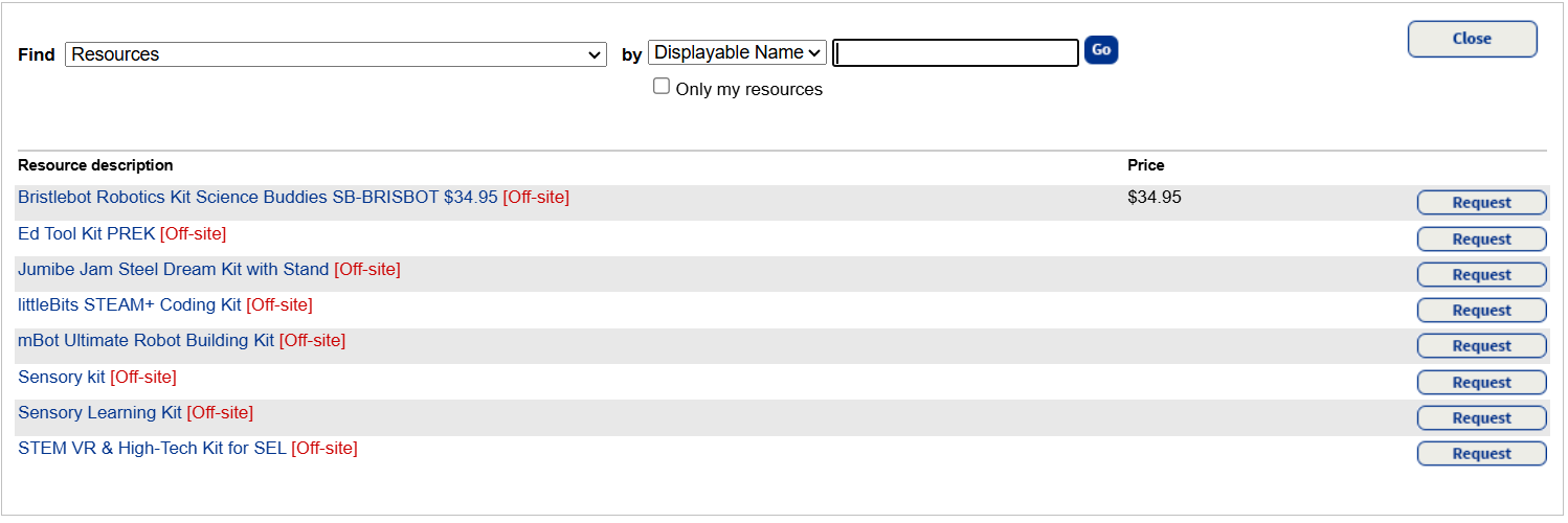 Transfer resource request showing possible resources available to request.